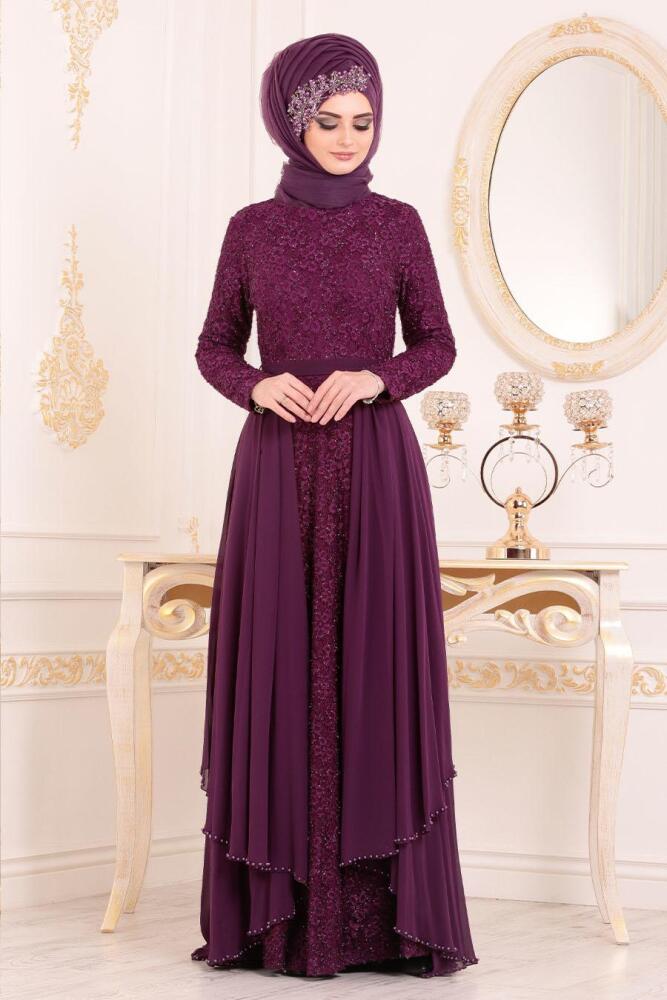 Tesettürlü Abiye Elbise - Çiçek Desenli Mor Tesettür Abiye Elbise 3308MOR - 2
