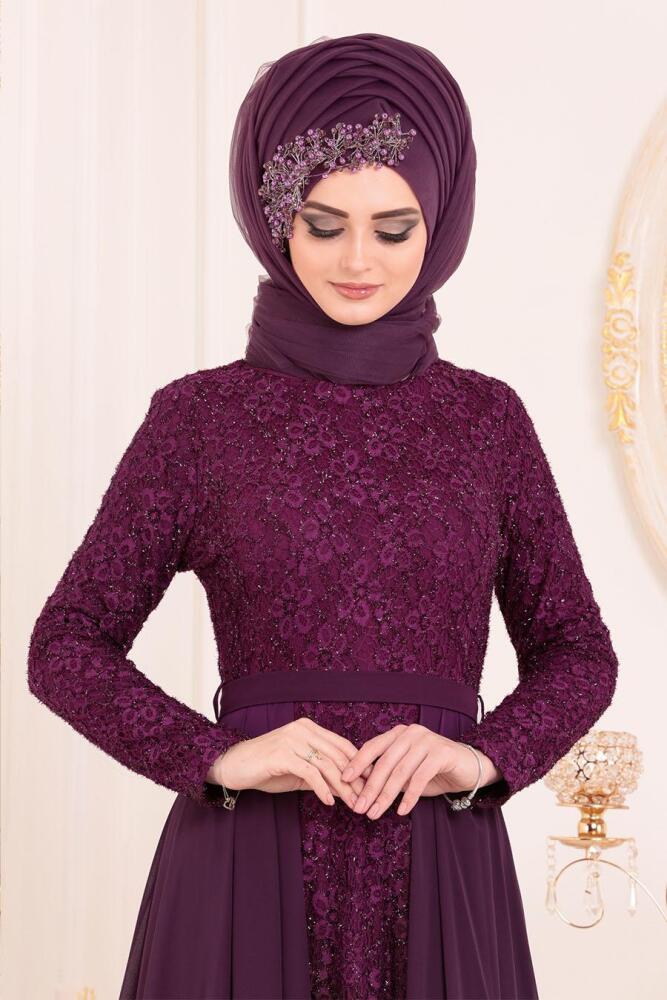 Tesettürlü Abiye Elbise - Çiçek Desenli Mor Tesettür Abiye Elbise 3308MOR - 3