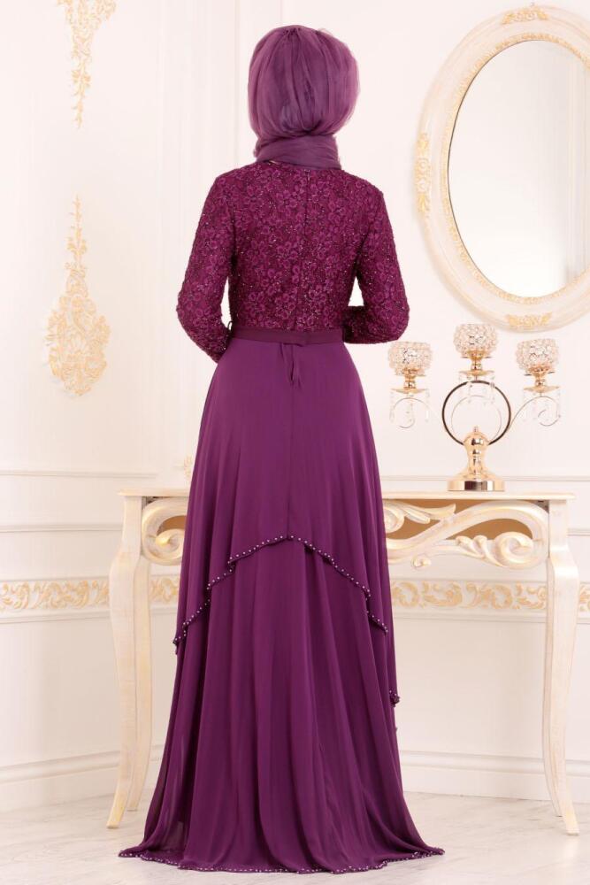 Tesettürlü Abiye Elbise - Çiçek Desenli Mor Tesettür Abiye Elbise 3308MOR - 4