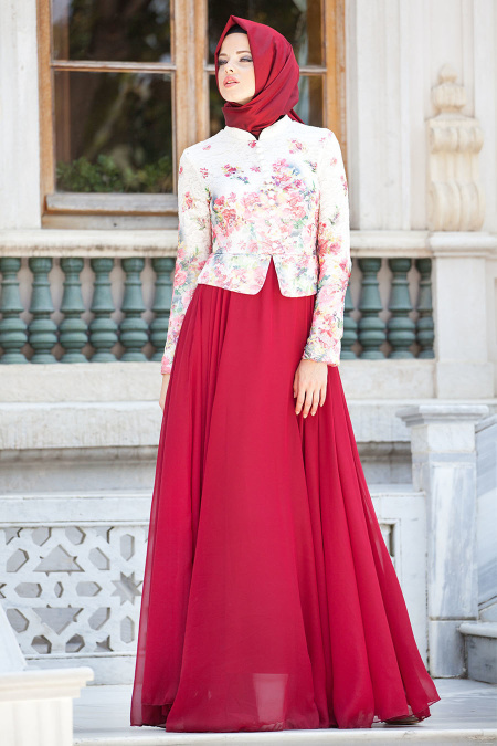 Tesettürlü Abiye Elbise - Çiçek Detaylı Bordo Elbise