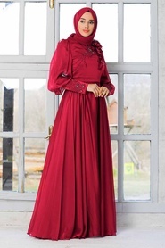 Tesettürlü Abiye Elbise - Çiçek Detaylı Bordo Tesettür Abiye Elbise 21960BR - Thumbnail