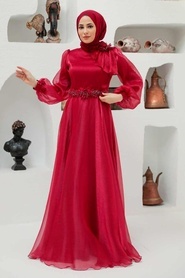 Tesettürlü Abiye Elbise - Çiçek Detaylı Bordo Tesettür Abiye Elbise 22310BR - Thumbnail