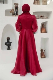 Tesettürlü Abiye Elbise - Çiçek Detaylı Bordo Tesettür Abiye Elbise 22310BR - Thumbnail