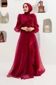 Tesettürlü Abiye Elbise - Çiçek Detaylı Bordo Tesettür Abiye Elbise 22321BR - Thumbnail