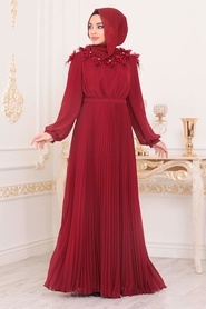 Tesettürlü Abiye Elbise - Çiçek Detaylı Bordo Tesettür Abiye Elbise 22570BR - Thumbnail