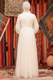 Tesettürlü Abiye Elbise - Çiçek Detaylı Ekru Tesettür Abiye Elbise 22070E - Thumbnail