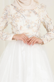 Tesettürlü Abiye Elbise - Çiçek Detaylı Ekru Tesettür Abiye Elbise 70441E - Thumbnail
