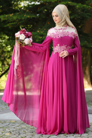 Tesettürlü Abiye Elbise - Çiçek Detaylı Fuşya Tesettür Abiye Elbise 7621F - Thumbnail