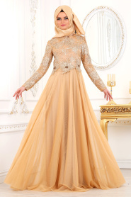 Tesettürlü Abiye Elbise - Çiçek Detaylı Gold Tesettür Abiye Elbise 2009GOLD - Thumbnail