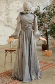 Tesettürlü Abiye Elbise - Çiçek Detaylı Gri Tesettür Abiye Elbise 22310GR - Thumbnail