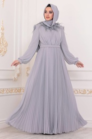 Tesettürlü Abiye Elbise - Çiçek Detaylı Gri Tesettür Abiye Elbise 22570GR - Thumbnail