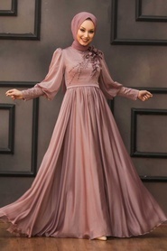 Tesettürlü Abiye Elbise - Çiçek Detaylı Gül Kurusu Tesettür Abiye Elbise 21960GK - Thumbnail