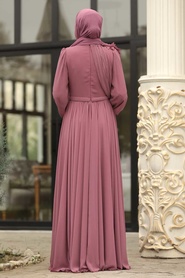 Tesettürlü Abiye Elbise - Çiçek Detaylı Gül Kurusu Tesettürlü Abiye Elbise 3991GK - Thumbnail
