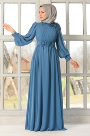 Tesettürlü Abiye Elbise - Çiçek Detaylı İndigo Mavisi Tesettür Abiye Elbise 21951IM - Thumbnail
