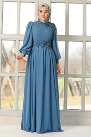 Tesettürlü Abiye Elbise - Çiçek Detaylı İndigo Mavisi Tesettür Abiye Elbise 21951IM - Thumbnail