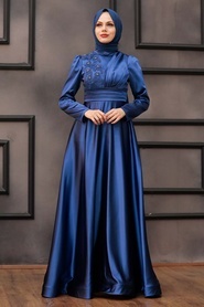Tesettürlü Abiye Elbise- Çiçek Detaylı İndigo Mavisi Tesettür Abiye Elbise 22010IM - Thumbnail
