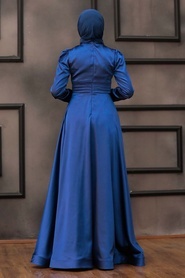 Tesettürlü Abiye Elbise- Çiçek Detaylı İndigo Mavisi Tesettür Abiye Elbise 22010IM - Thumbnail