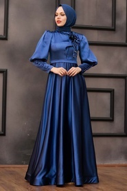 Tesettürlü Abiye Elbise- Çiçek Detaylı İndigo Mavisi Tesettür Abiye Elbise 22080IM - Thumbnail