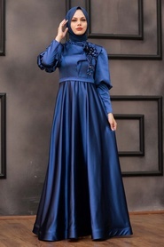 Tesettürlü Abiye Elbise- Çiçek Detaylı İndigo Mavisi Tesettür Abiye Elbise 22080IM - Thumbnail