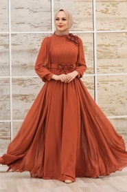 Tesettürlü Abiye Elbise - Çiçek Detaylı Kiremit Tesettür Abiye Elbise 21951KRMT - Thumbnail