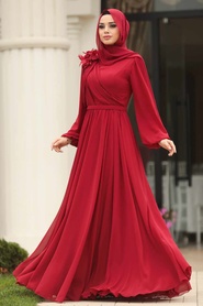 Tesettürlü Abiye Elbise - Çiçek Detaylı Kırmızı Tesettürlü Abiye Elbise 3991K - Thumbnail