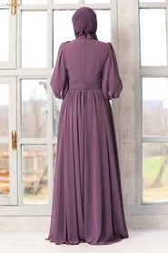 Tesettürlü Abiye Elbise - Çiçek Detaylı Koyu Gül Kurusu Tesettür Abiye Elbise 21951KGK - Thumbnail