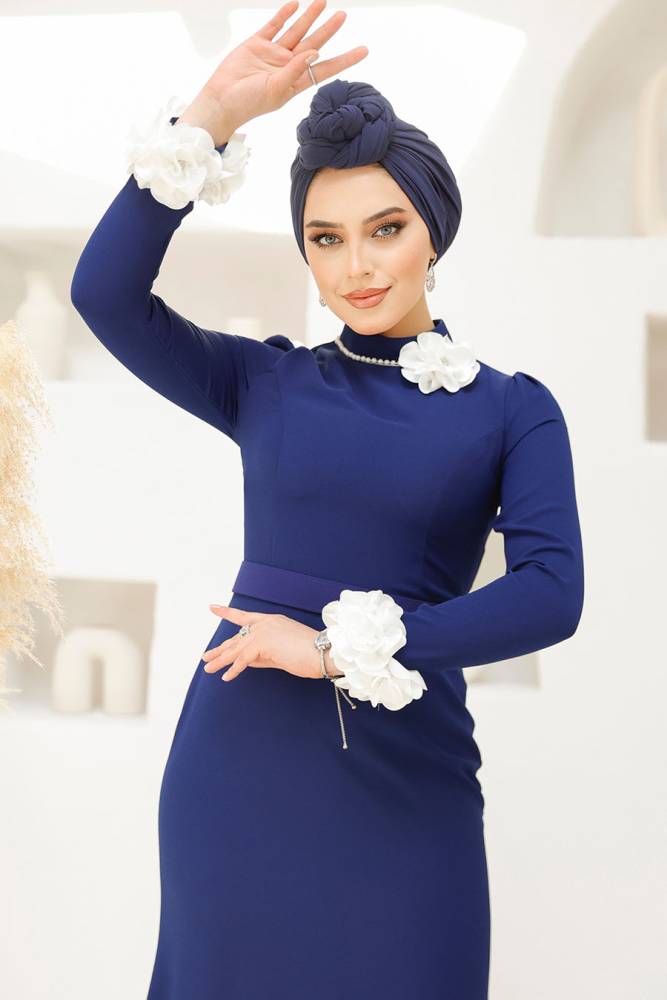 Tesettürlü Abiye Elbise - Çiçek Detaylı Lacivert Tesettür Abiye Elbise 46631L - 3