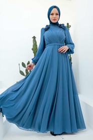 Tesettürlü Abiye Elbise - Çiçek Detaylı Mavi Tesettür Abiye Elbise 22232M - Thumbnail