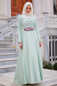 Tesettürlü Abiye Elbise - Çiçek Detaylı Mint Abiye Elbise 2223MINT - Thumbnail