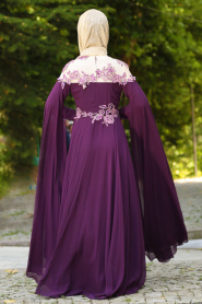 Tesettürlü Abiye Elbise - Çiçek Detaylı Mor Tesettür Abiye Elbise 7621MOR - Thumbnail