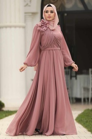 Tesettürlü Abiye Elbise - Çiçek Detaylı Pudra Tesettürlü Abiye Elbise 3991PD - Thumbnail