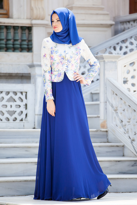 Tesettürlü Abiye Elbise - Çiçek Detaylı Sax Mavisi Elbise