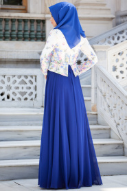 Tesettürlü Abiye Elbise - Çiçek Detaylı Sax Mavisi Elbise - Thumbnail