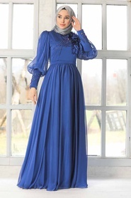 Tesettürlü Abiye Elbise - Çiçek Detaylı Sax Mavisi Tesettür Abiye Elbise 21960SX - Thumbnail