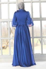 Tesettürlü Abiye Elbise - Çiçek Detaylı Sax Mavisi Tesettür Abiye Elbise 21960SX - Thumbnail