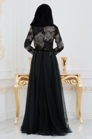 Tesettürlü Abiye Elbise - Çiçek Detaylı Siyah Tesettür Abiye Elbise 2009S - Thumbnail