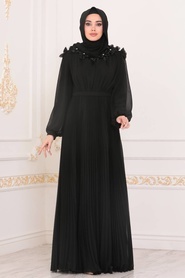 Tesettürlü Abiye Elbise - Çiçek Detaylı Siyah Tesettür Abiye Elbise 22570S - Thumbnail
