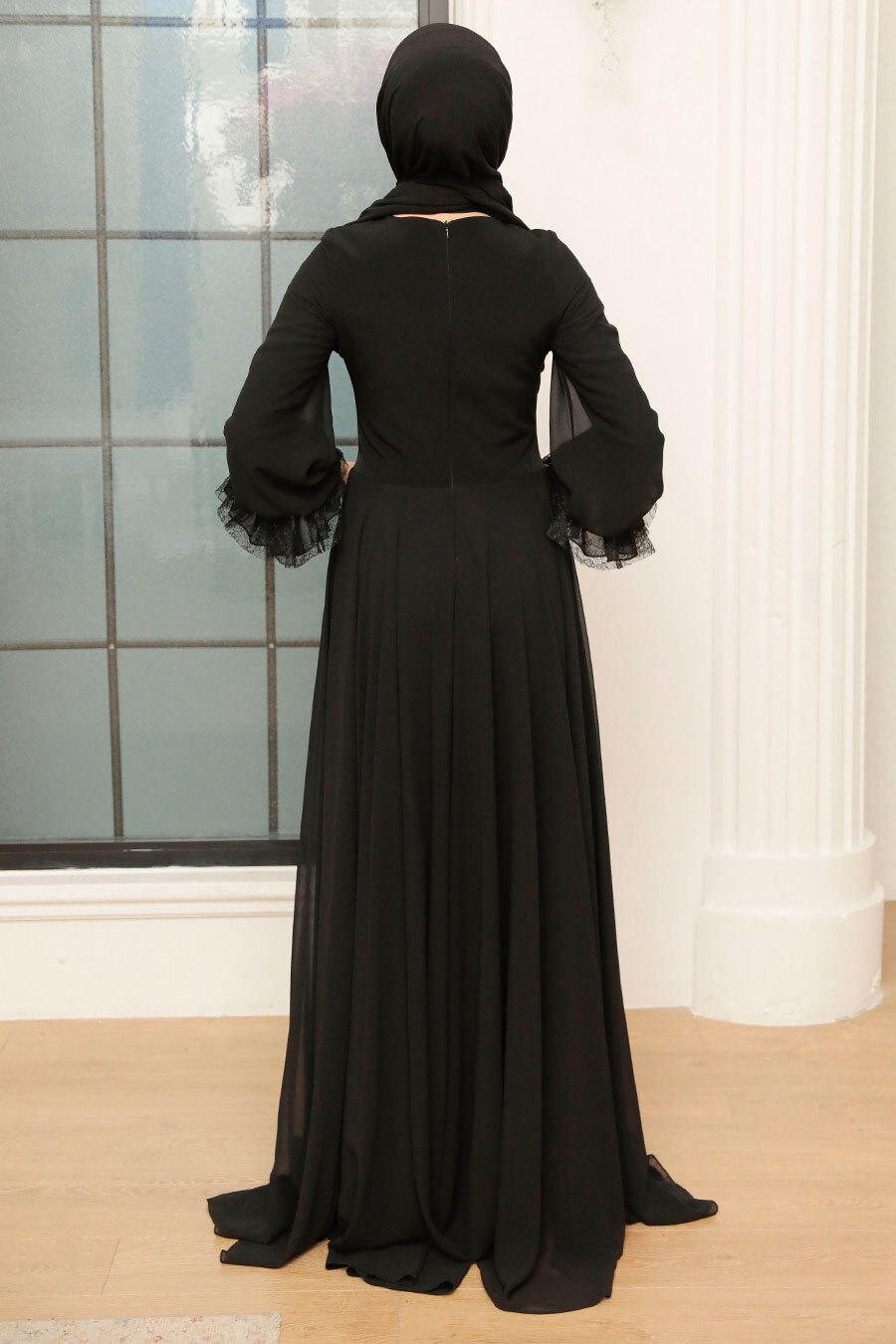 Tesettürlü Abiye Elbise - Çiçek Detaylı Siyah Tesettür Abiye Elbise 765S