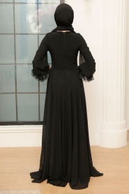 Tesettürlü Abiye Elbise - Çiçek Detaylı Siyah Tesettür Abiye Elbise 765S - Thumbnail