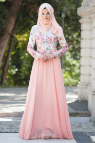 Tesettürlü Abiye Elbise - Çiçek Detaylı Somon Elbise - Thumbnail