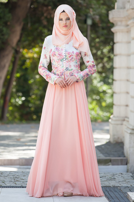 Tesettürlü Abiye Elbise - Çiçek Detaylı Somon Elbise