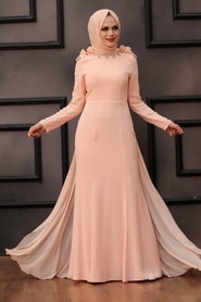 Tesettürlü Abiye Elbise - Çiçek Detaylı Somon Tesettür Abiye Elbise 2061SMN - Thumbnail