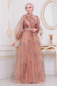 Tesettürlü Abiye Elbise - Çiçek Detaylı Turuncu Tesettür Abiye Elbise 4111T - Thumbnail
