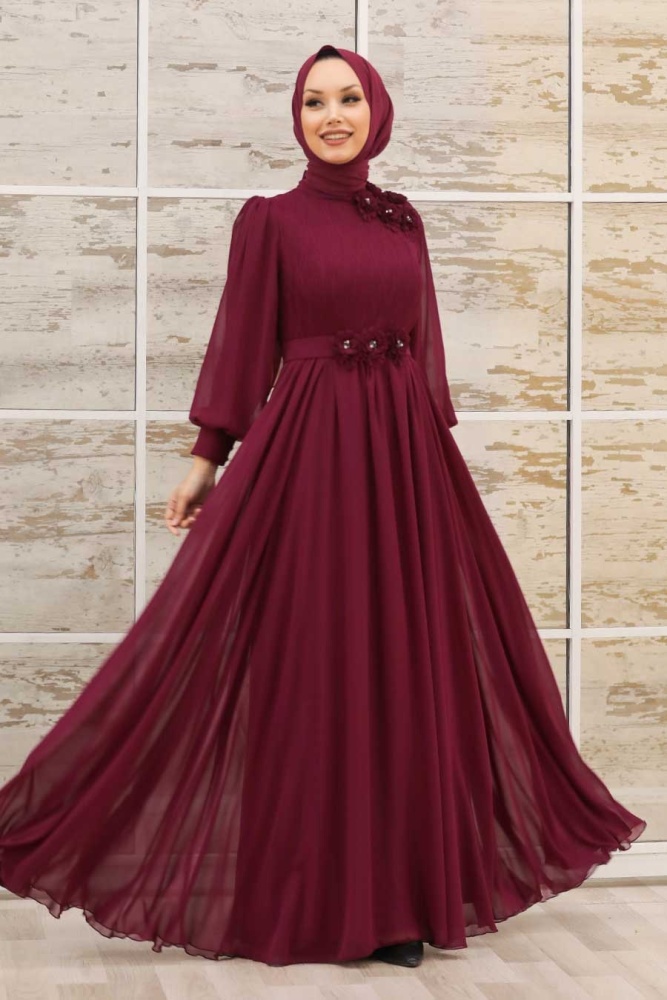 Tesettürlü Abiye Elbise - Çiçek Detaylı Vişne Tesettür Abiye Elbise 21951VSN - 1