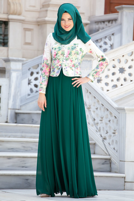 Tesettürlü Abiye Elbise - Çiçek Detaylı Yeşil Elbise