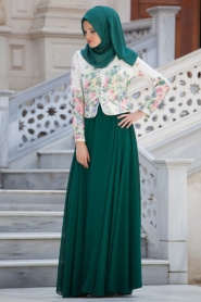 Tesettürlü Abiye Elbise - Çiçek Detaylı Yeşil Elbise - Thumbnail