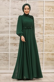 Tesettürlü Abiye Elbise - Çiçek Detaylı Yeşil Tesettür Abiye Elbise 21951Y - Thumbnail