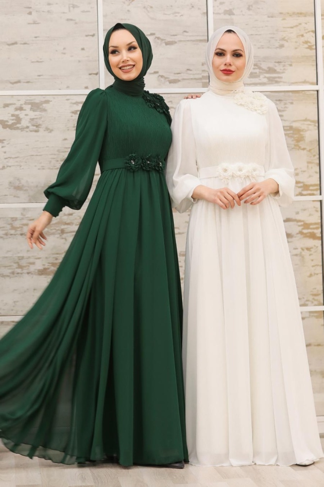 Tesettürlü Abiye Elbise - Çiçek Detaylı Yeşil Tesettür Abiye Elbise 21951Y - 3