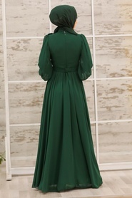 Tesettürlü Abiye Elbise - Çiçek Detaylı Yeşil Tesettür Abiye Elbise 21951Y - Thumbnail