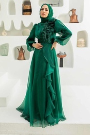 Tesettürlü Abiye Elbise - Çiçek Detaylı Yeşil Tesettür Abiye Elbise 22321Y - Thumbnail